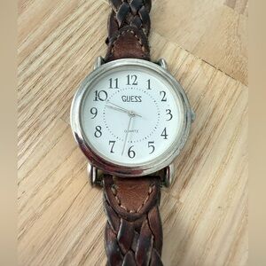 Vintage guess ladies silver tone brown braided leather watch NEW BATTERY